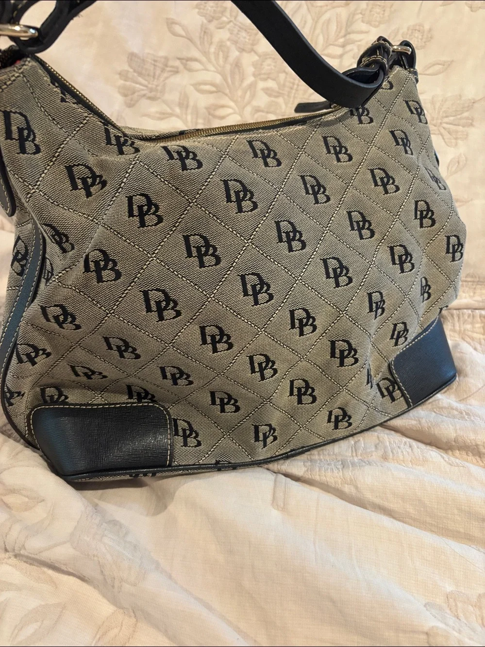 Dooney & Bourke Beige Monogram Hobo with Black Trim